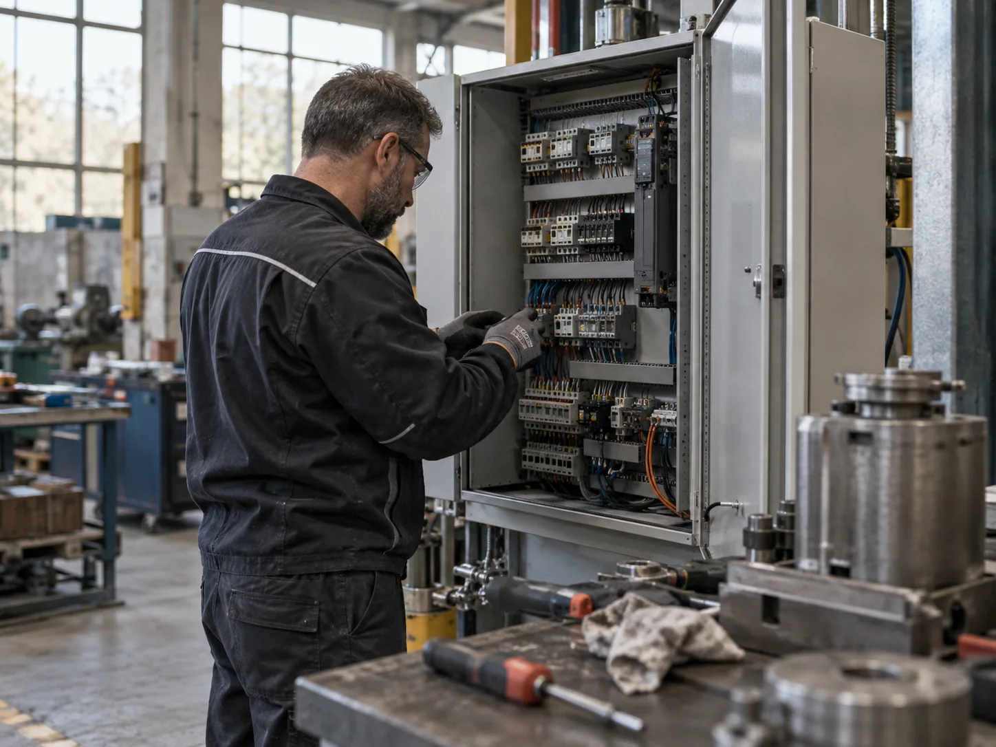 Elektromechanik sprawdza szafę sterowniczą w warsztacie