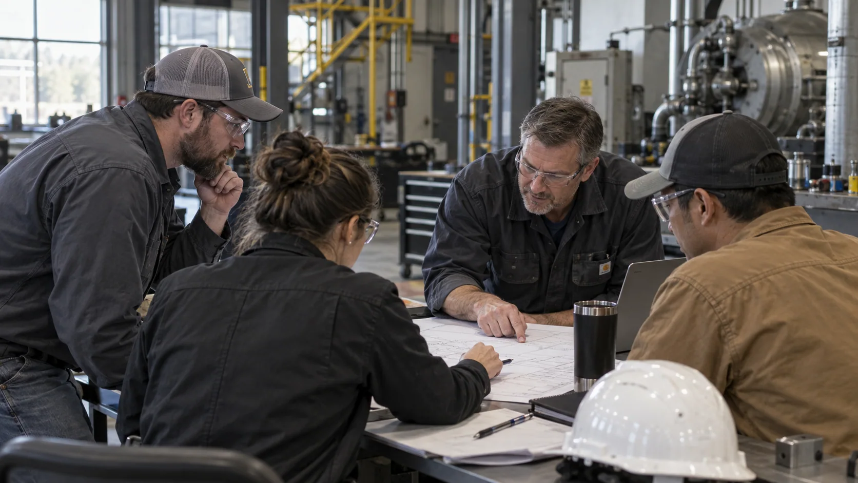 Technisch team bespreekt een werkplan in een industriële werkplaats
